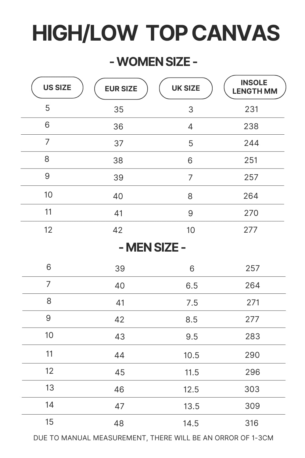 High Top Low Top Canvas Shoes Size Chart - High School DxD Store